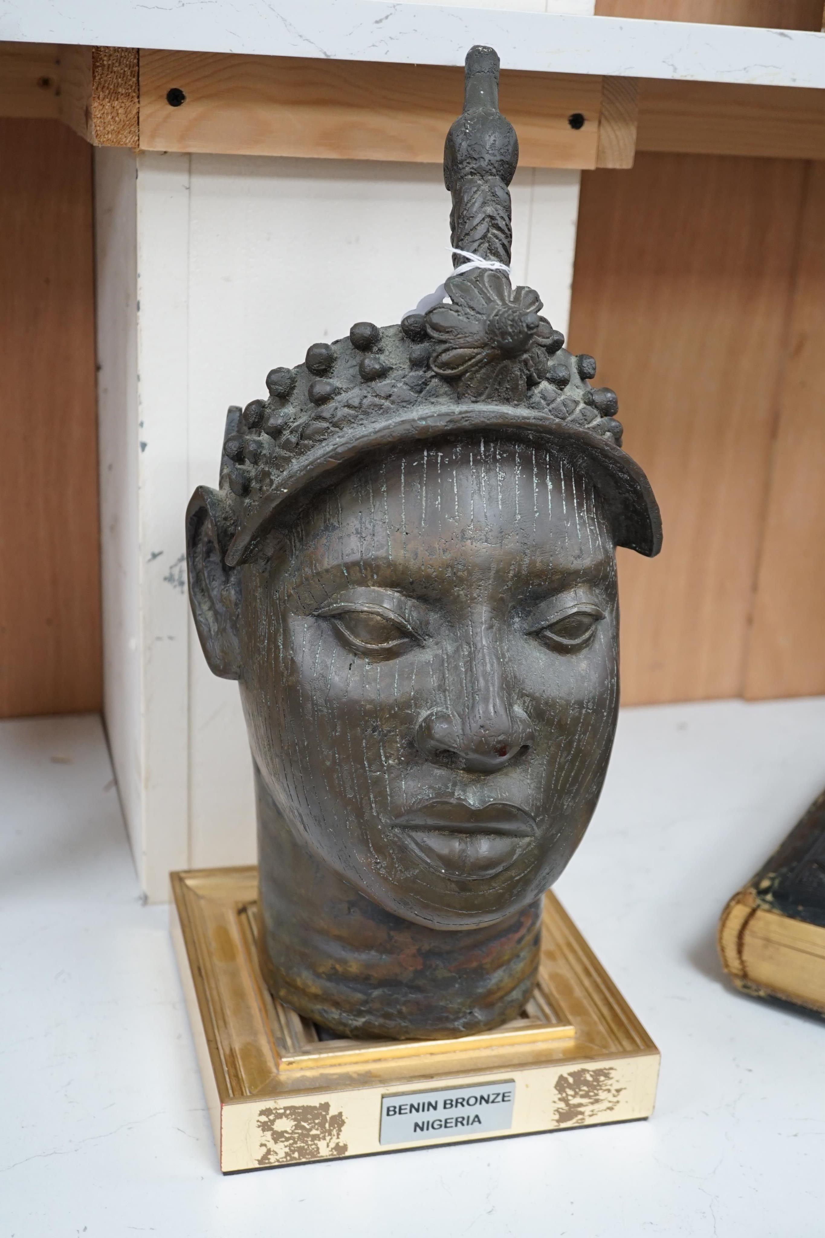 A Benin style bronze head, 42cm high (not including stand). Condition - fair to good